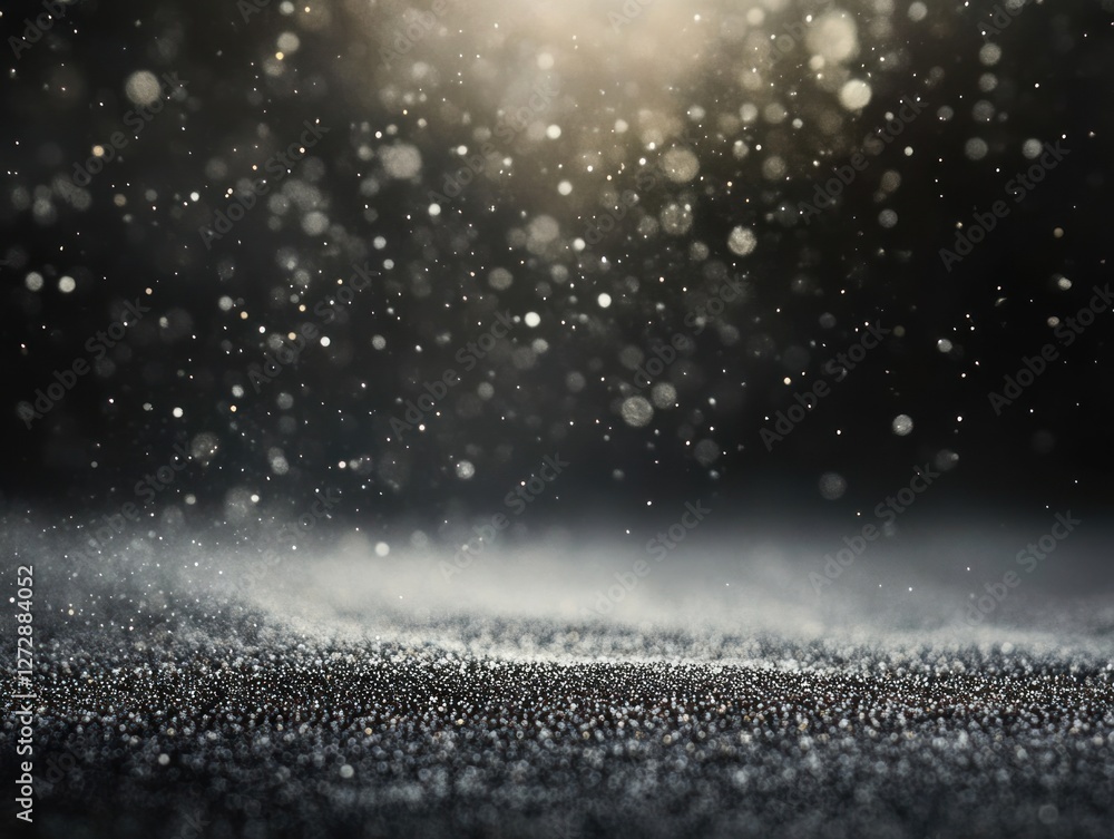 Poster particles floating in soft light over dark surface