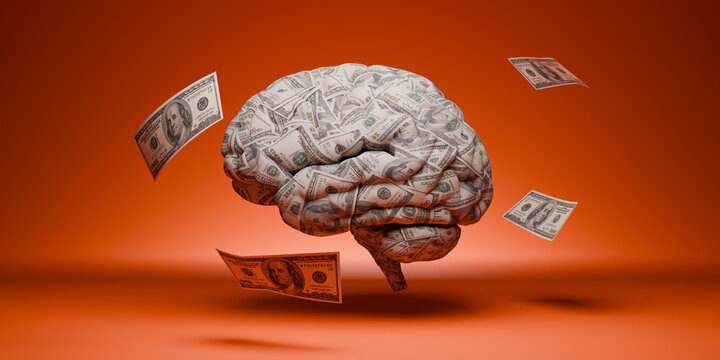 Human brain covered in dollar bills