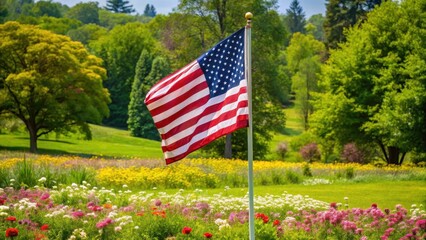 A lone flagpole stands tall amidst a field of flowers and greenery, with an American flag waving gently in the breeze on Memorial Day , memorial day, patriotic scene