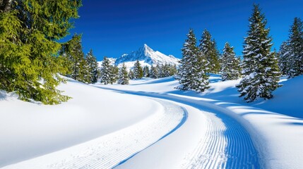 A snowy path leads through a winter wonderland landscape