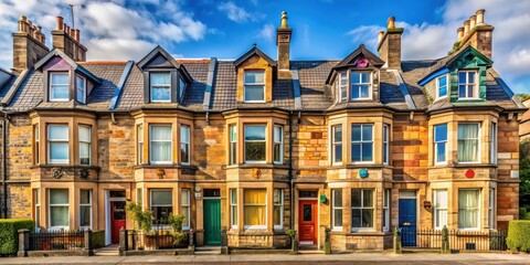 Fototapeta premium Traditional Scottish terraced house in Glasgow with ornate stonework and multi-colored roof tiles, urban, terraced, urban