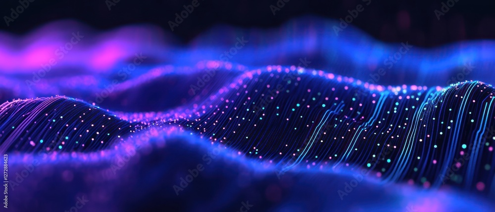 Poster abstract visualization of colorful waves with glowing particles, creating a dynamic and vibrant atmo