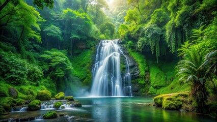 Fototapeta premium waterfall flowing through lush green forest, greenery, idyllic setting, greenery, idyllic setting, plants