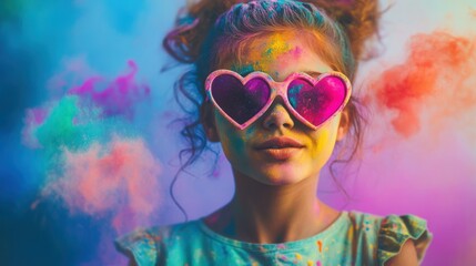 Holi Rangpanchmi Portrait of a young girl wearing funky heart-shaped sunglasses and a green dress, holdin, with colorful Holi powder clouds floating around her, against a blue and purple background