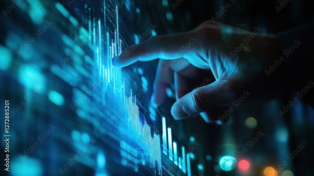 Poster a close-up of a human hand interacting with a digital data visualization, showcasing vibrant graphs 