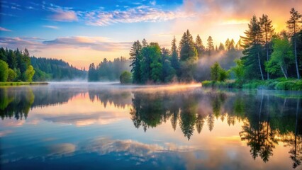 Obraz premium A serene lake at dawn with mist rising from the water's surface, surrounded by tall trees and lush greenery, dawn, mist
