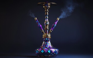 Fototapeta premium Colorful ornamental hookah with smoke in a dark setting, showcasing intricate design and elegance during a social gathering