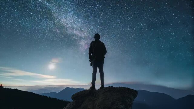 Silhouette of a Traveler Gazing at the Starry Night Sky standing on the hill