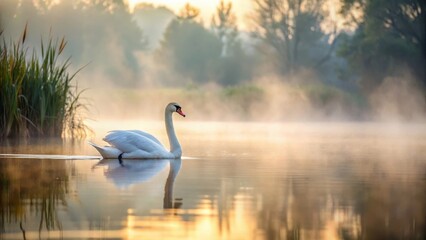 Fototapeta premium A lone swan paddles steadily across a still lake on a misty morning, its distinctive neck stretched out as it searches for food in the aquatic vegetation below , nature, wildlife