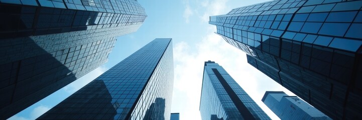 Fototapeta premium A striking view of modern skyscrapers reaching towards the sky, showcasing the essence of urban architecture and innovation.
