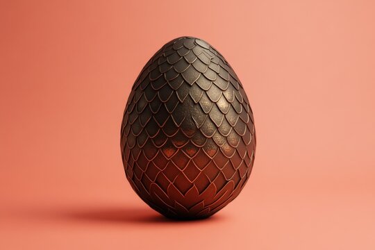 Scale covered bronze dragon egg stands on salmon background