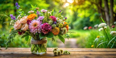 A beautiful arrangement of freshly cut flowers in a bouquet on a rustic wooden table