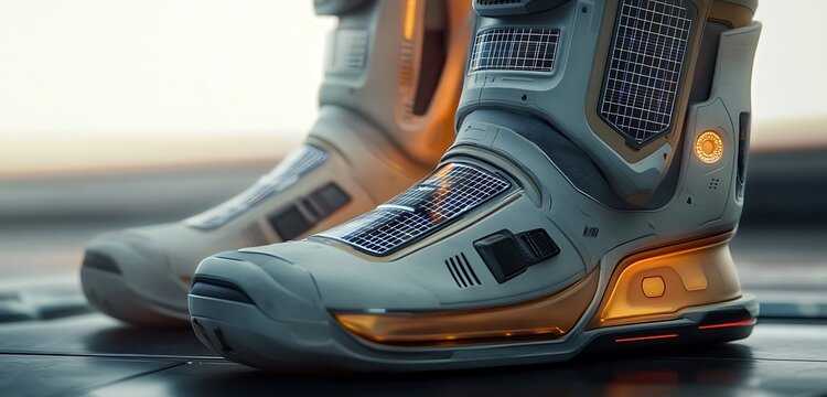A close-up of futuristic boots equipped with solar-powered tech and responsive touch panels combining style with functionality