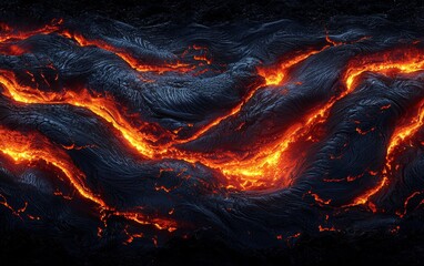 Flowing lava creates a stunning display of molten rock and heat during nighttime in a volcanic region