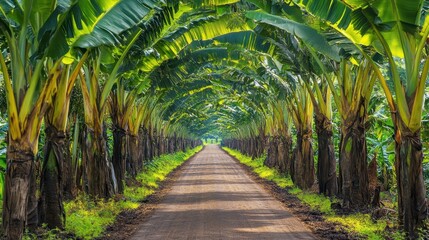 Obraz premium Lush Banana Plantation Pathway Surrounded by Green Foliage