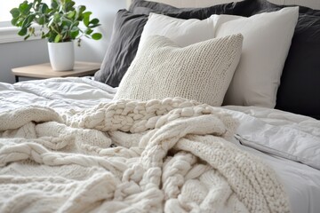Cozy Bedroom Interior with Knitted Blanket and Pillows on Bed in Neutral Tones for Relaxation and Comfort