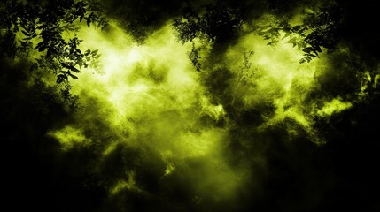 Green toxic smoke overlays forest, spooky background