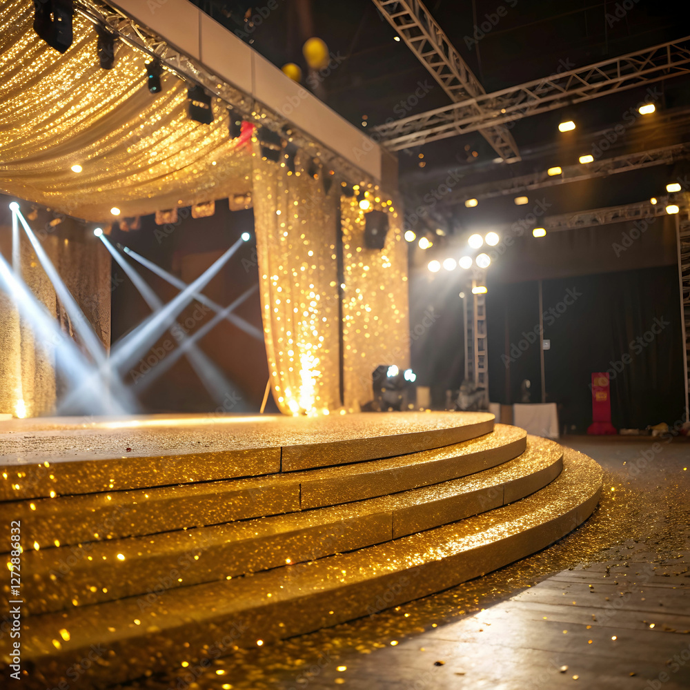 Fototapete a luxurious golden stage background adorned with sparkling glitters and illuminated by vibrant spotl