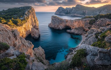 Fototapeta premium Stunning coastal cliffs and tranquil waters at sunset in a secluded cove