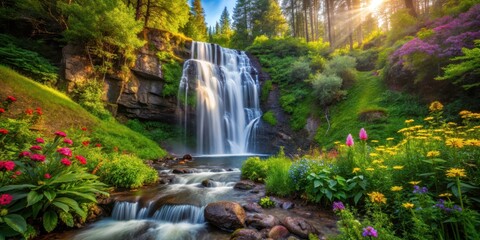Fototapeta premium Serene forest waterfall cascading down a rocky cliff amidst dense foliage and vibrant wildflowers, waterfall