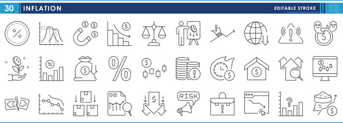 A set of line icons related to Inflation. Price, hike, increase, value, money, expensive, costly, risky, global, trade, and so on. Vector editable stroke.