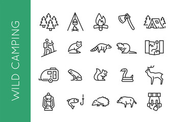 Wild camping icons. Set of 20 trendy minimal camping icons including Fire, Tent, Axe, Lantern, Backpack icon. Design signs for web page, mobile app, packaging design. Vector illustration.