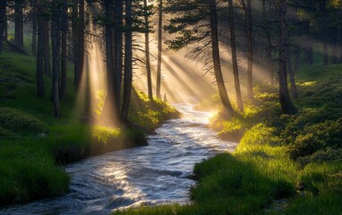 Obraz premium Sunlight filters through trees over a serene stream in a lush forest during early morning hours