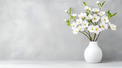 White blossoms in vase, grey wall, spring