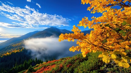 Obraz premium Autumnal foliage frames a majestic mountain vista with dreamy clouds