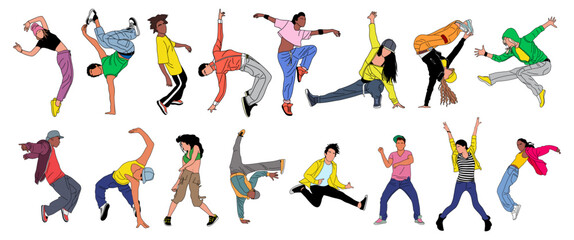 Set of teenager dancers hip hop, breakdance outline vector drawing isolated on white background. Young cool girl and boy dancing street dance in bright clothes. Korean japanese asian cartoon style.