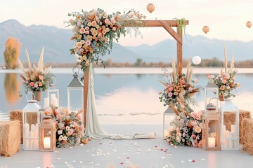 Rustic Country Wedding Altar Setup by a Peaceful Lake With Wooden Arch Framed by Flowers and Greenery at Sunset