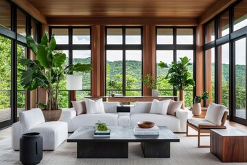 Serene interior design showcasing a bright living room with natural light and lush greenery creating a peaceful ambiance and inviting atmosphere