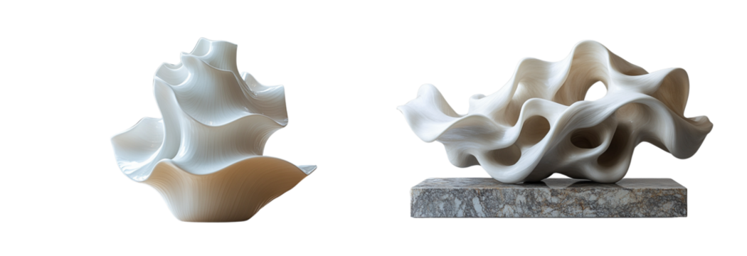 A sleek, abstract sculpture crafted from white ceramic or porcelain, featuring intricate looped and twisted organic and geometric forms, displayed prominently in a modern art gallery or exhibition spa
