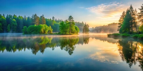 Obraz premium A serene reflection of a misty lake surrounded by tall trees and lush greenery at dawn , nature reflection, tranquil scene