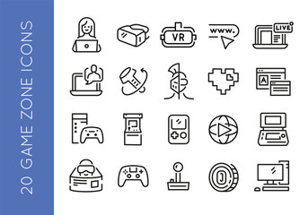 Game zone icons. Set of 20 game trendy minimal icons. Handheld Console, VR Headset, Arcade Machine, Desktop Computer icon. Design signs for web page, mobile app, packaging design. Vector illustration.