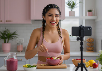 Woman eating healthy and Talking to Camera, Fitness Influencer Sharing healthy food Recipe Generative AI image