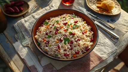 A bowl of colorful rice mixed with beans and vegetables, served on a rustic table.