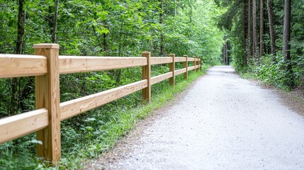 Fototapeta premium Forest trail, wooden fence, nature walk, summer
