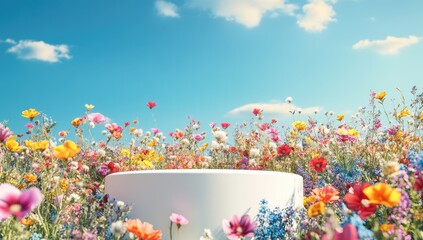 White pedestal in vibrant flower field, sunny sky background, product display