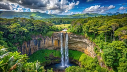 Obraz premium Panoramic view of stunning Chamarel Waterfall amidst lush tropical vegetation and vibrant greenery in Madagascar's natural wonder, Chamarel waterfall, scenic view