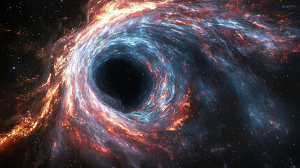 Colossal black hole at the center of a distant galaxy with a glowing accretion disk of swirling blue and orange plasma