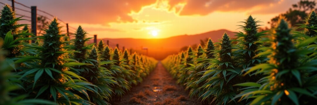 A stunning sunset casts a warm glow over a lush cannabis field, capturing the essence of agriculture and nature's beauty.