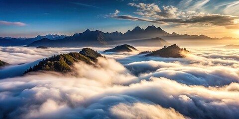 Dense fog rolls in over a misty mountain landscape with swirling dry ice smoke and clouds covering the sky, cloud cover, smoke