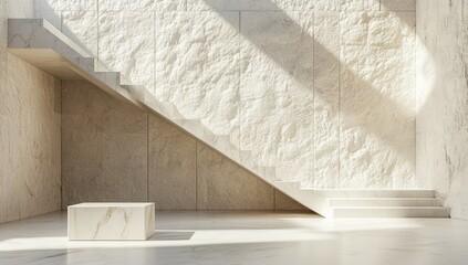 Modern marble staircase, sunlit interior, display, architecture