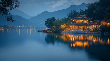 Fototapeta premium Lakeside Asian house at twilight, tranquil scene, possible use as a nature background