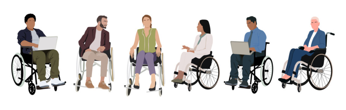 Disabled people at work vector set. Different business men and women in wheelchair with laptop, working, conversation. Inclusive business concept. Realistic illustrations isolated 