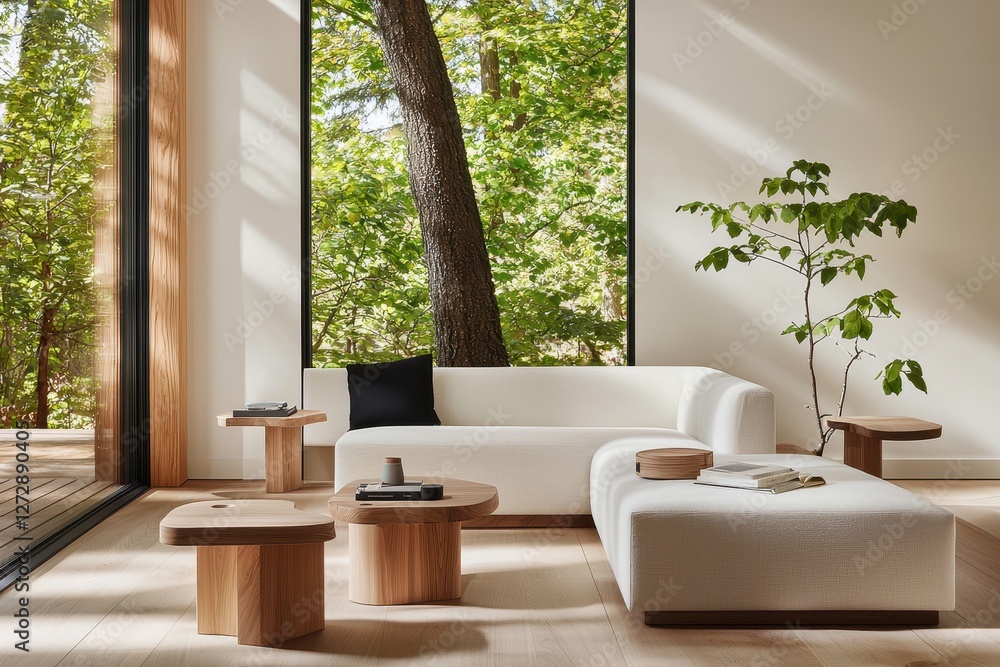 Poster serene interior with modern sofa and wooden tables showcasing nature through a large window creating