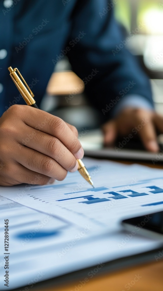 Poster a professional analyzing financial graphs and data on a document while seated at a modern office des