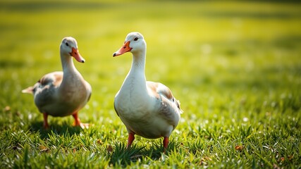 Obraz premium Cute Ducks Walking on Grass - Bright Colorful AI Art - Spring Nature Scene