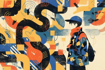 Abstract art, person in a city, modern design, artistic background, visual texture, illustration, for poster or print, use